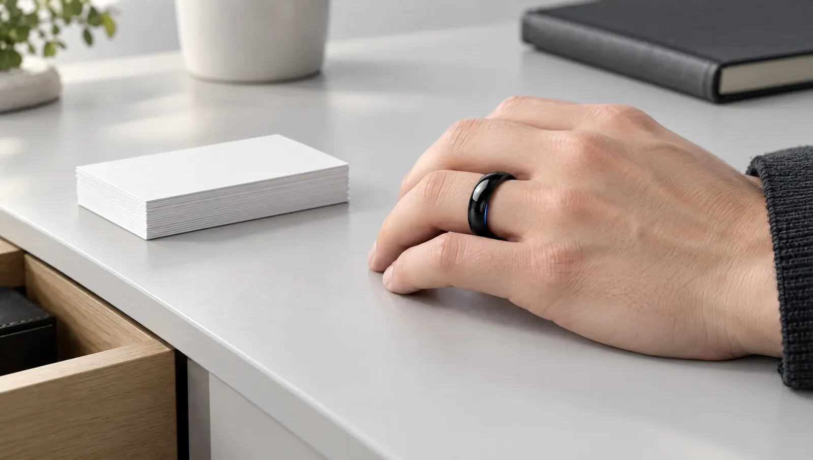 A hand wearing the ring resting on a desk next to a stack of paper business cards